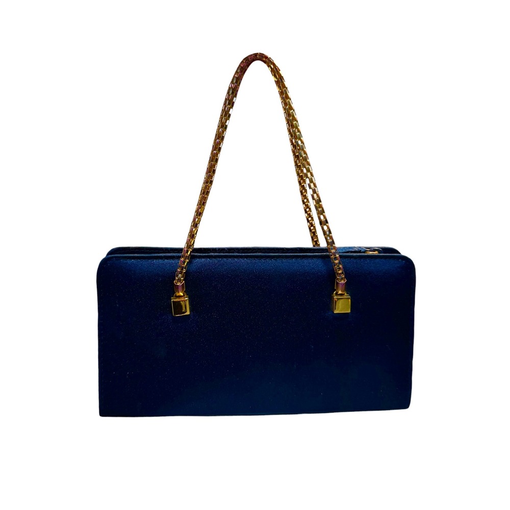 La Regale Vintage Navy Blue Satin Evening Bag Gold Chain Handle Clutch